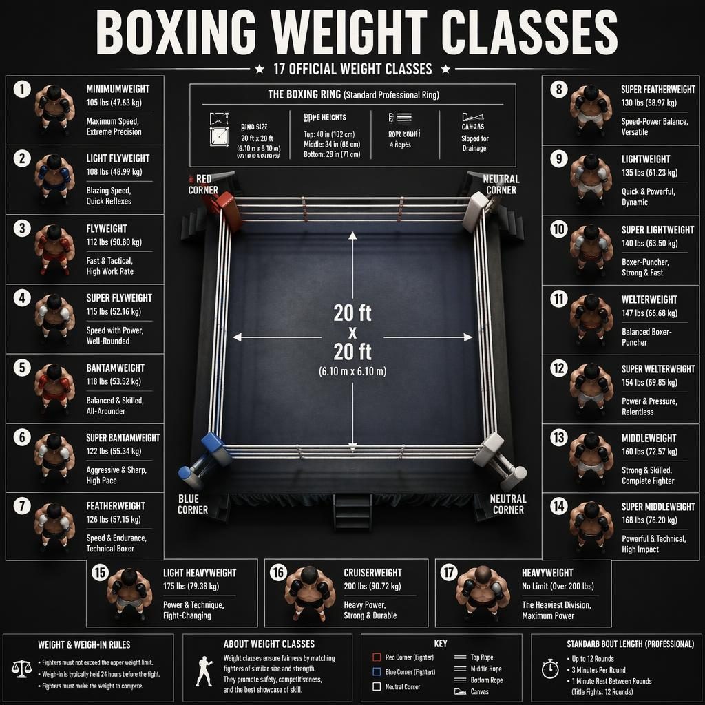 Top-down boxing ring infographic with 17 labeled weight classes, fighter icons, English captions, monochrome poster style.