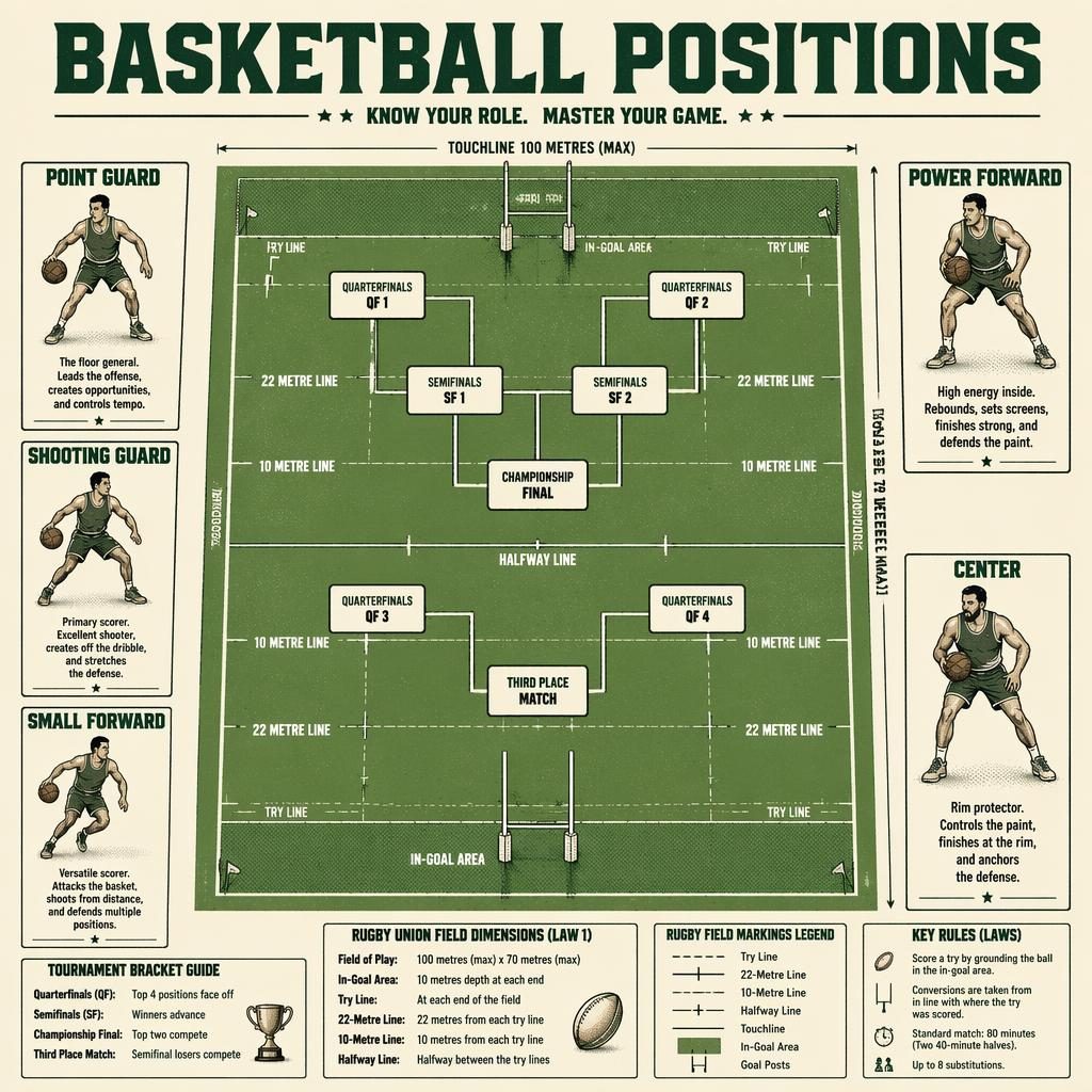 Retro sports infographic showing basketball positions in a tournament bracket over a green rugby field with icons and labels