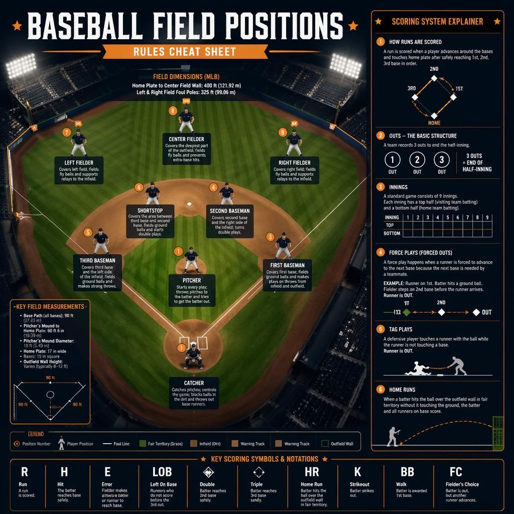 Infographie sportive vue du dessus d’un terrain de baseball avec positions défensives, panneau des règles et palette orange marine.