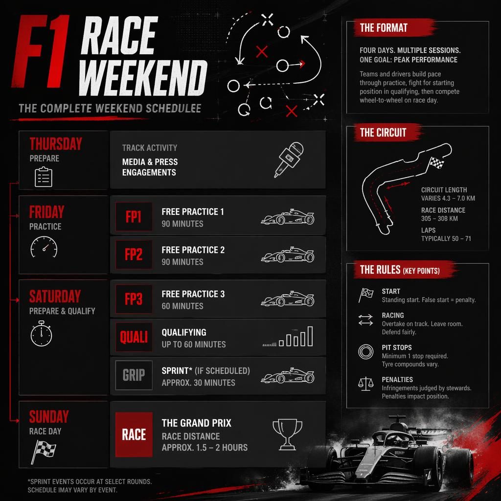 Sports infographic about: f1 race weekend schedule. Archetype: tactical play (X / O with arrows). Sport: combat sports (