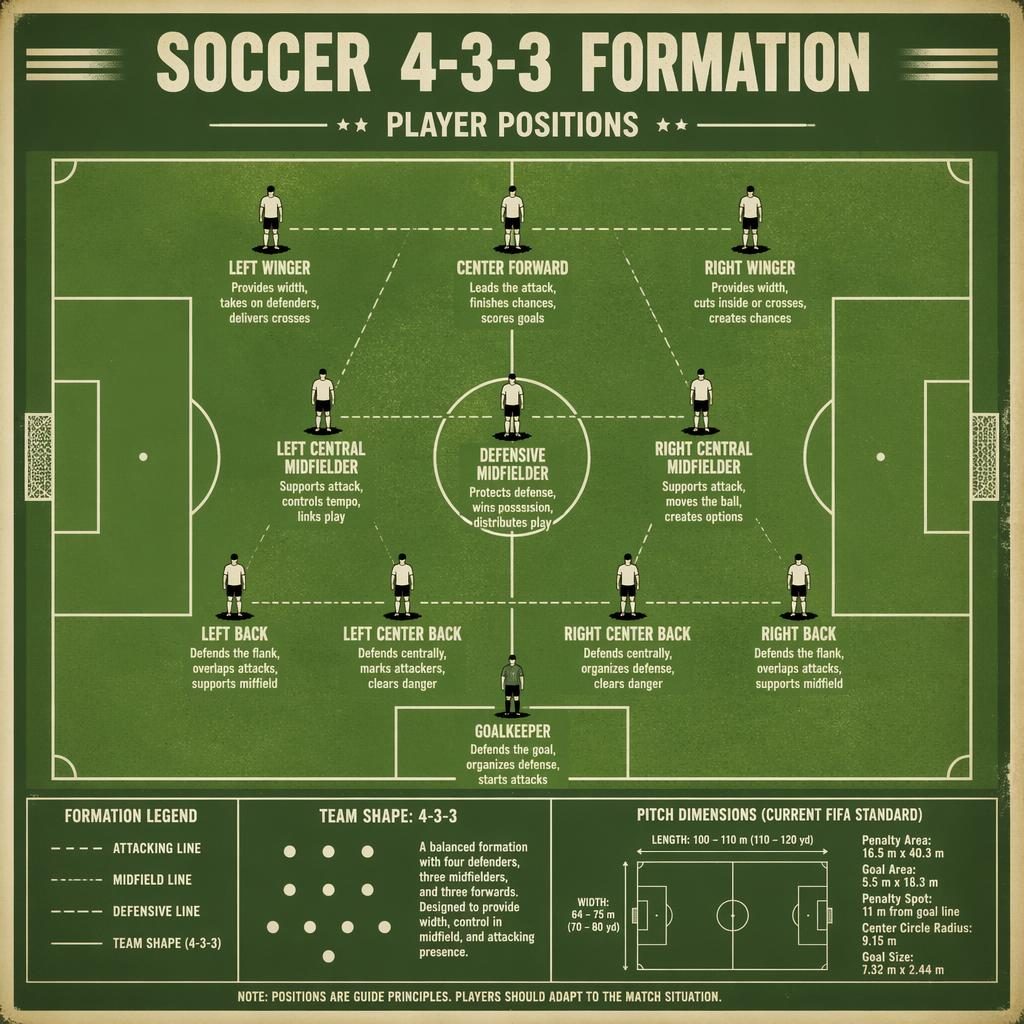 Top-down soccer pitch infographic showing an accurate 4-3-3 formation with 11 labeled player positions in retro print style.