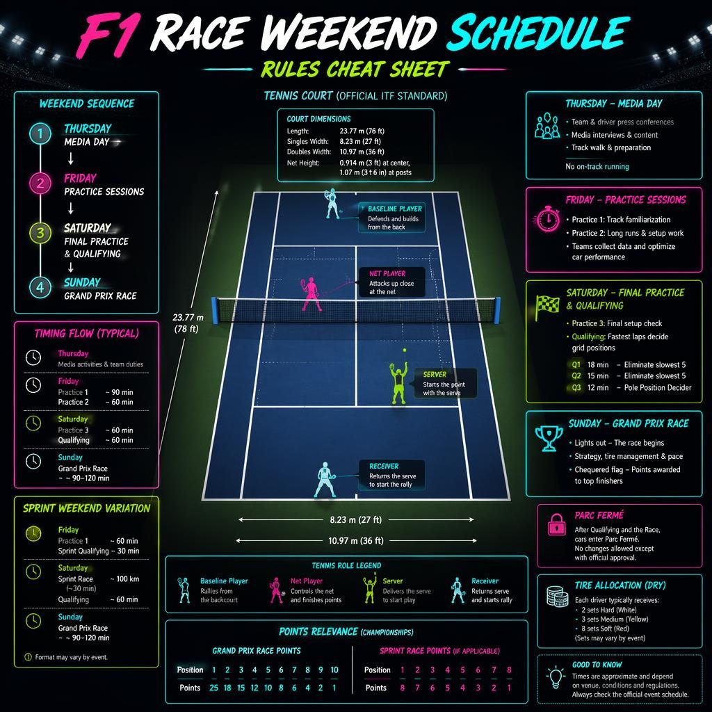 Top-down neon tennis court infographic explaining the F1 race weekend schedule with callout panels, timeline, and player icons.