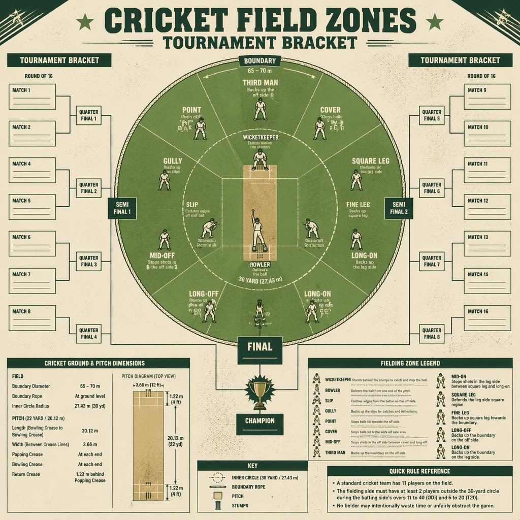 Retro sports infographic of a cricket field diagram with labeled zones, player positions, and a generic tournament bracket.