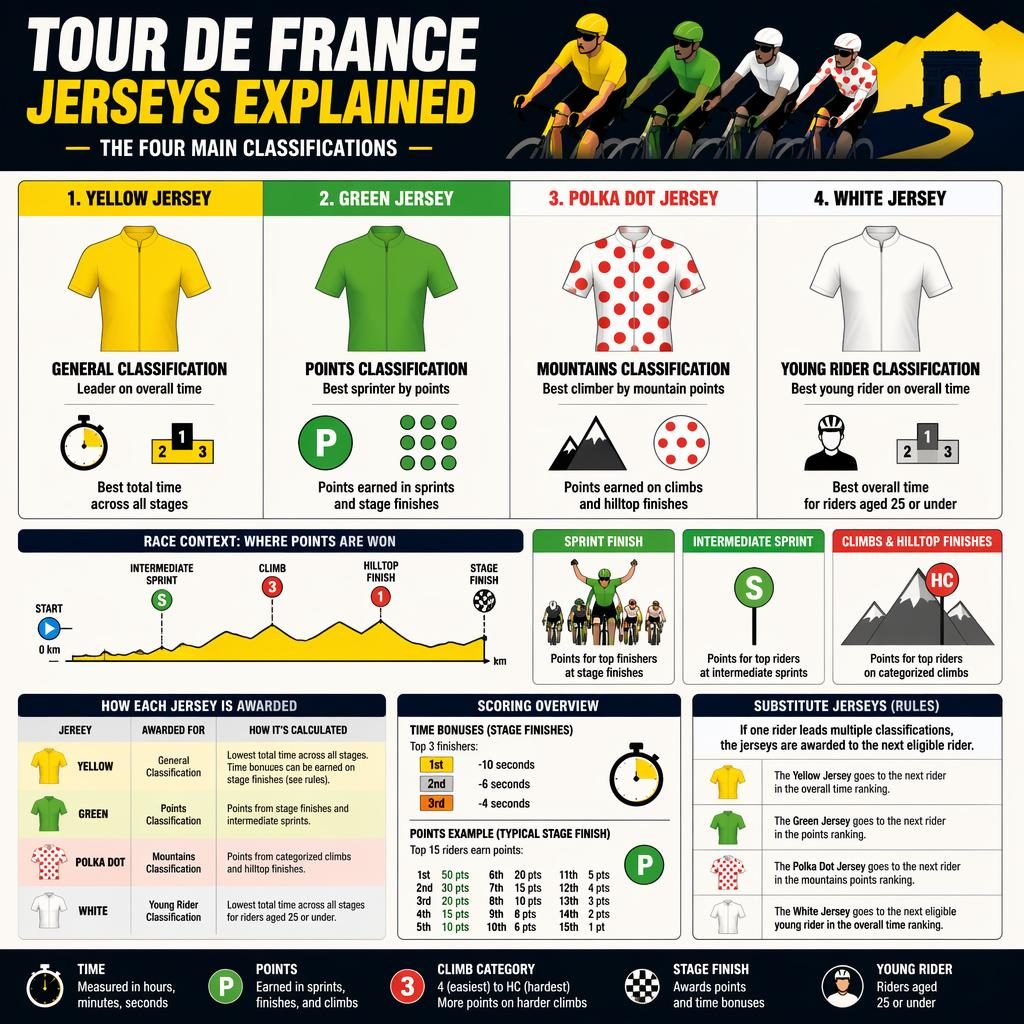 Minimal flat sports infographic showing the four Tour de France jerseys with cyclist icons, rules panels, stage profile and legends.