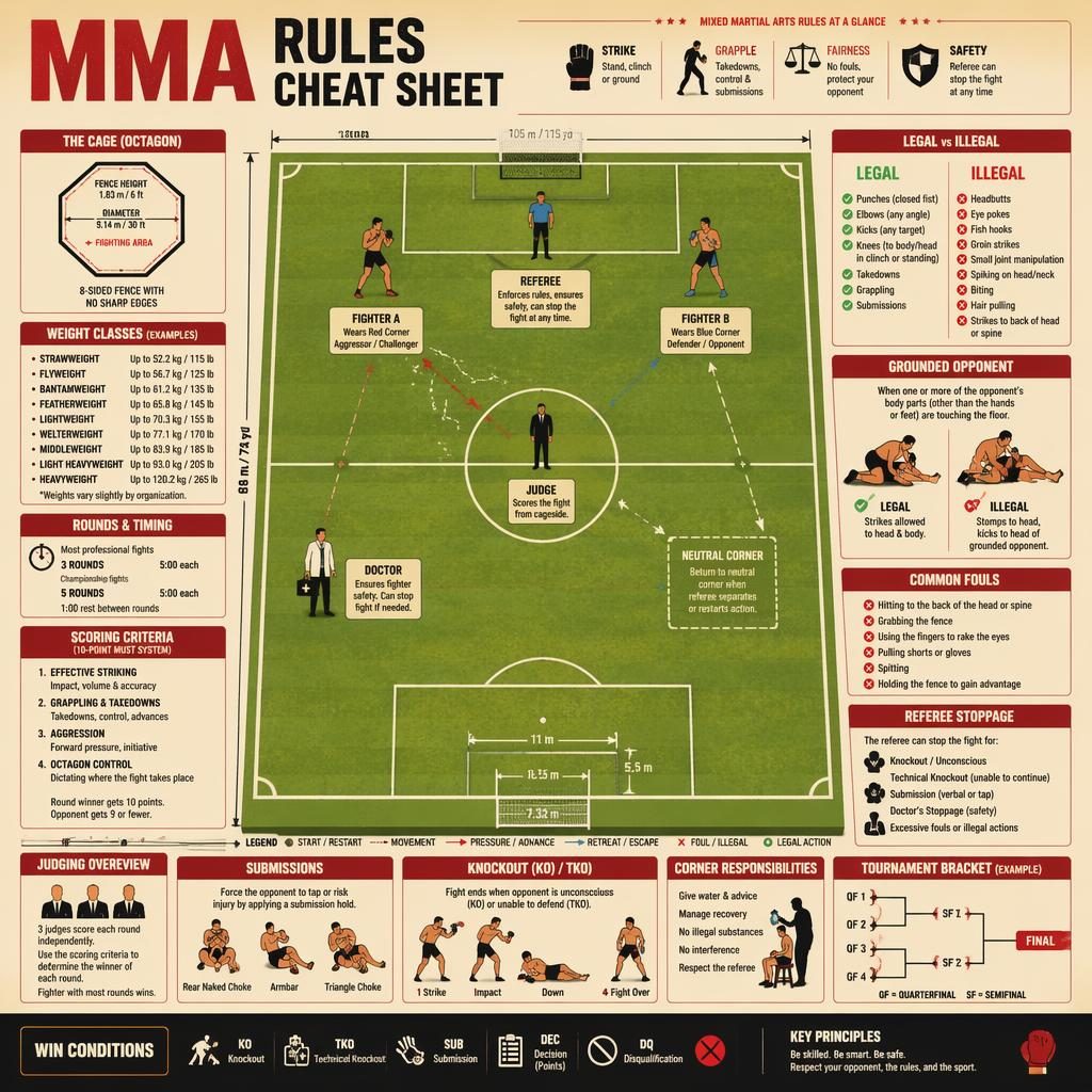 Vintage cream and red MMA rules infographic over a scaled soccer pitch with panels, icons, arrows, legends, and bracket.