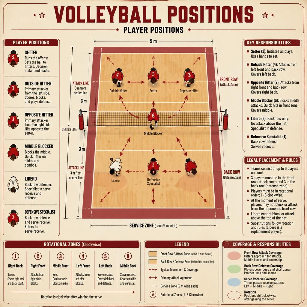 Top-down volleyball court infographic with six labeled player positions, rotation zones, legend, arrows, and rule notes.