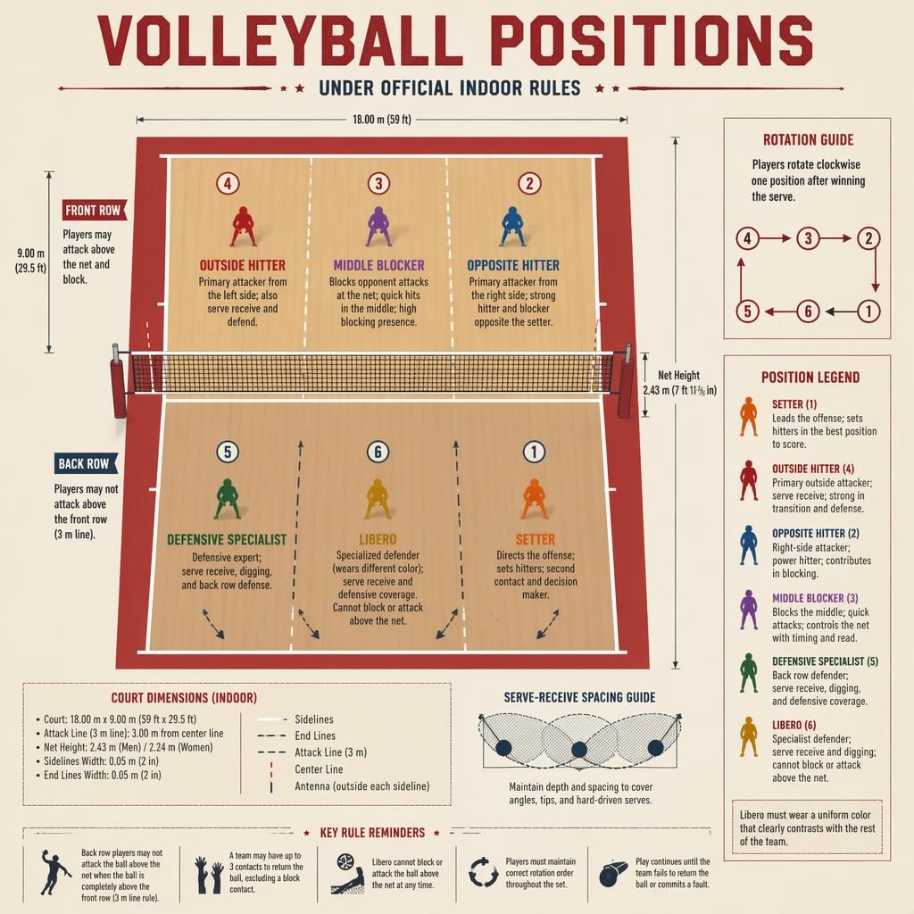 Top-down volleyball court infographic with six player positions, labels, role captions, rotation zones, and legend.