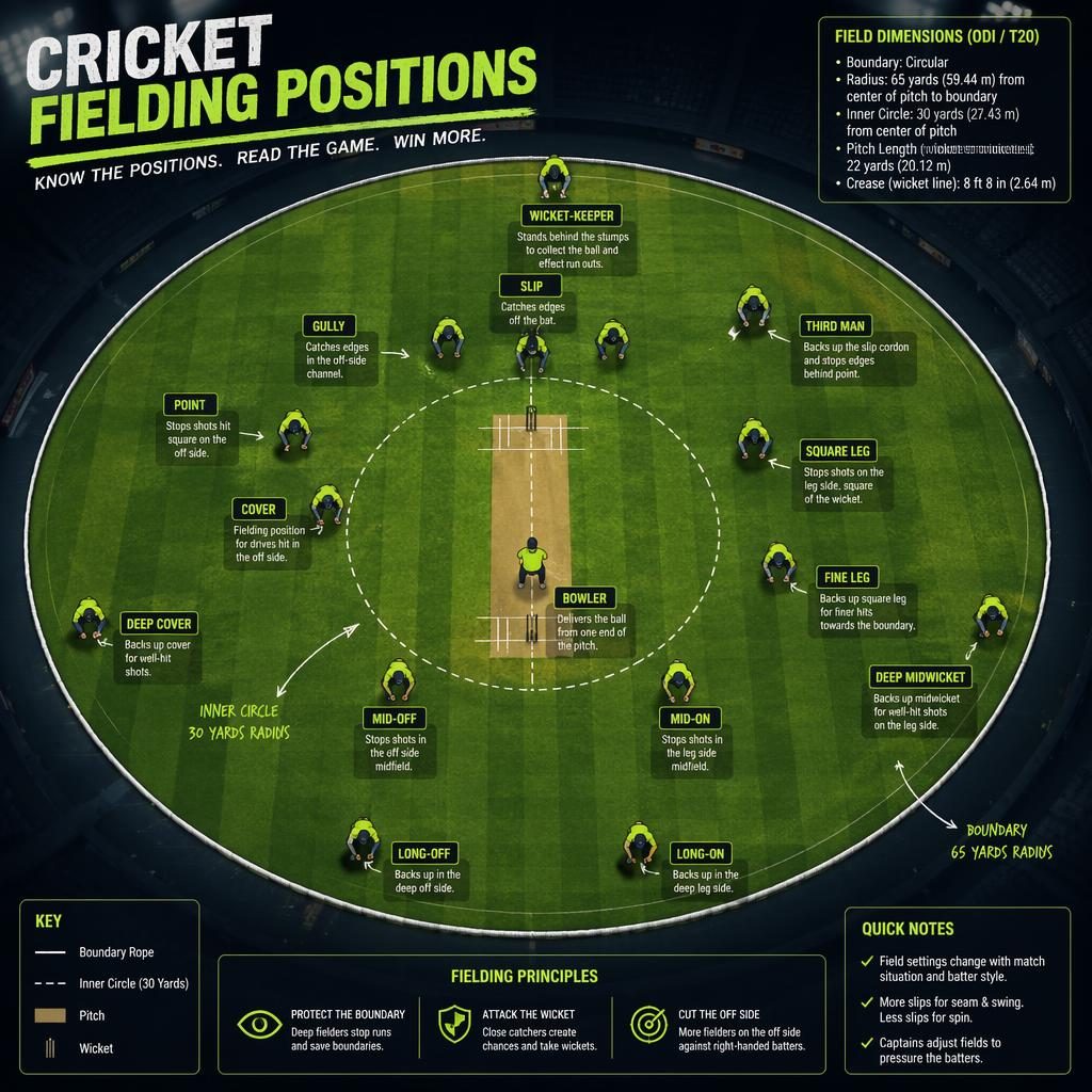 Top-down cricket field infographic with labeled fielding positions, player icons, pitch, inner circle, and neon sketchnote style.