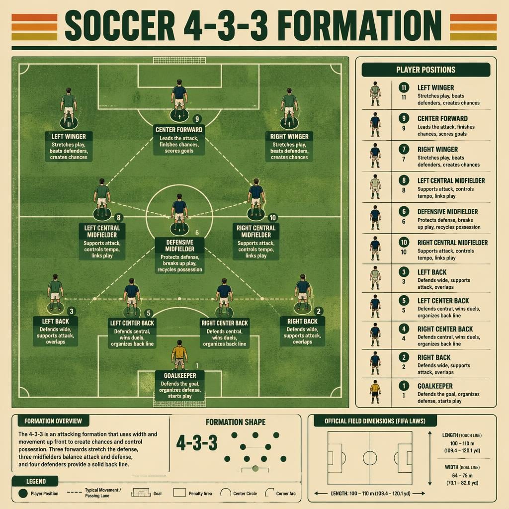 Top-down soccer 4-3-3 formation infographic on a green pitch with labeled player positions, icons, captions, legend, and retro style.