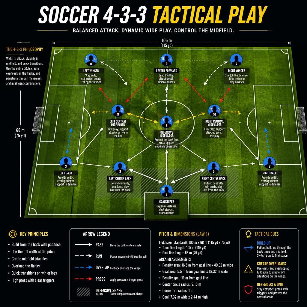 Top-down soccer pitch infographic showing a 4-3-3 formation with Xs, Os, arrows, player labels, role captions, and legend