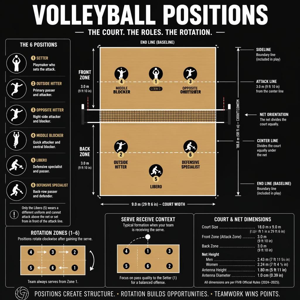 Top-down indoor volleyball court infographic with 6 labeled player positions, rotation zones 1–6, net, attack lines, front and back rows.