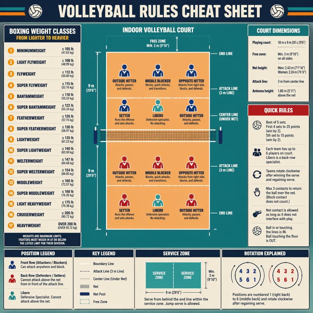 Flat retro sports infographic showing a top-down volleyball court, player positions, rule panels, and boxing weight classes.