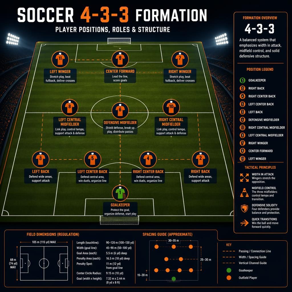 Top-down soccer pitch infographic showing a 4-3-3 formation with labeled player positions, role captions, and tactical lines.