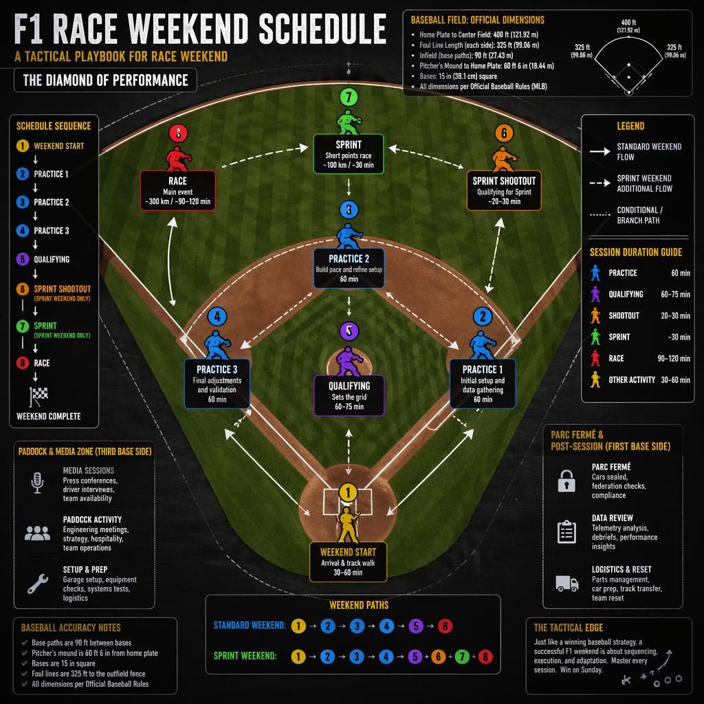 Top-down baseball field infographic mapping an F1 race weekend schedule with bases, arrows, icons, legends, and timing labels.