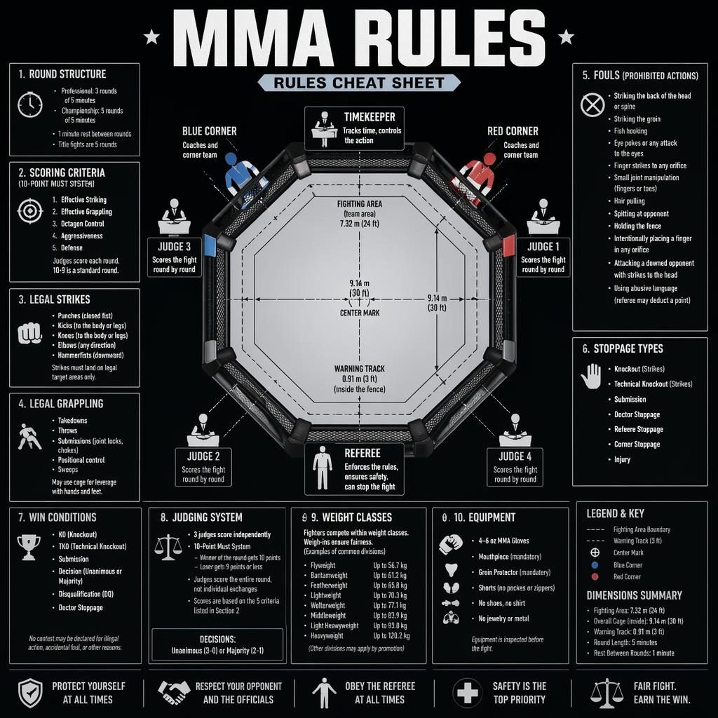 Monochrome MMA rules infographic poster with top-down cage diagram, labeled fighter and referee icons, and rule panels.