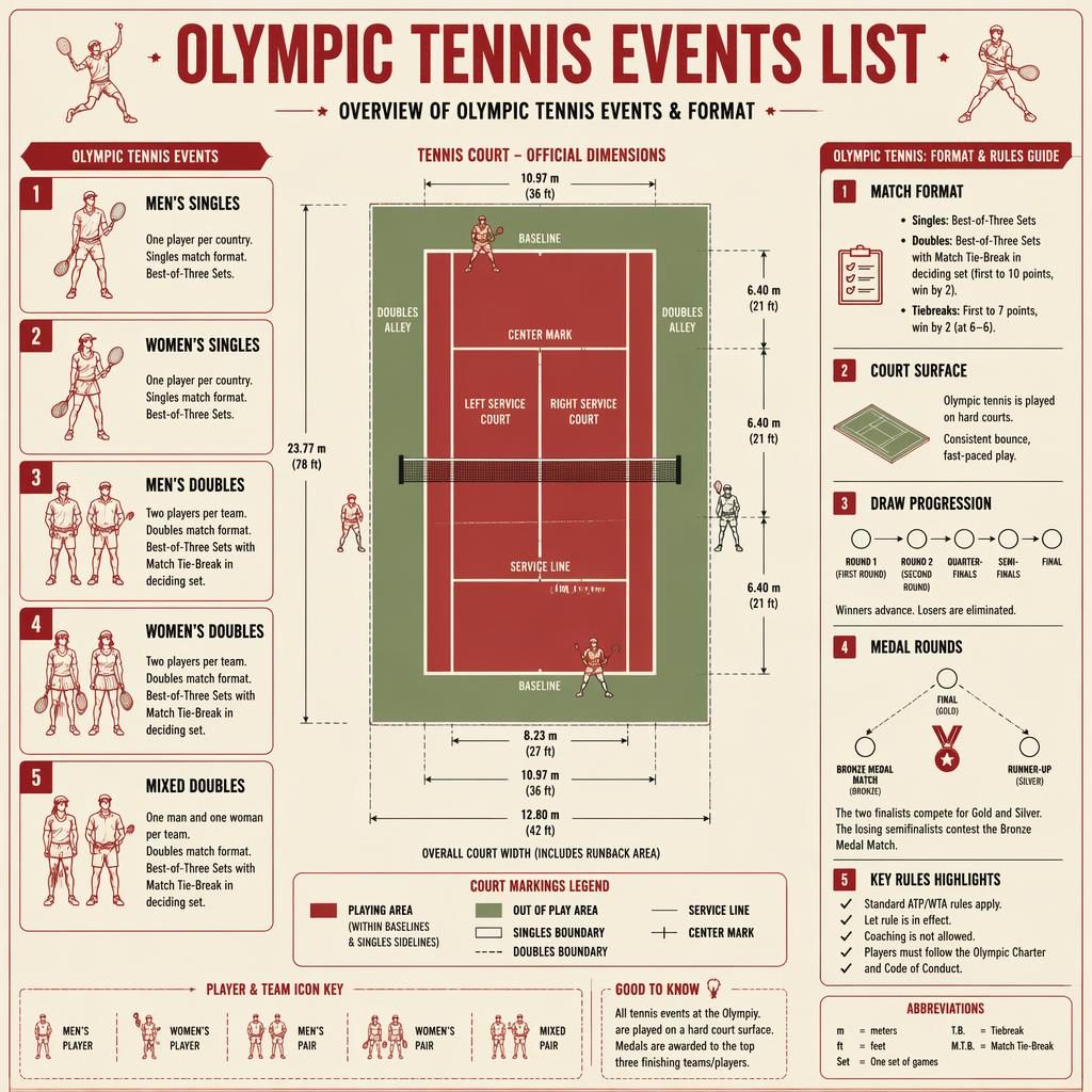 Vintage cream and red tennis infographic with top-down court, Olympic event panels, icons, rules notes, and arrows.