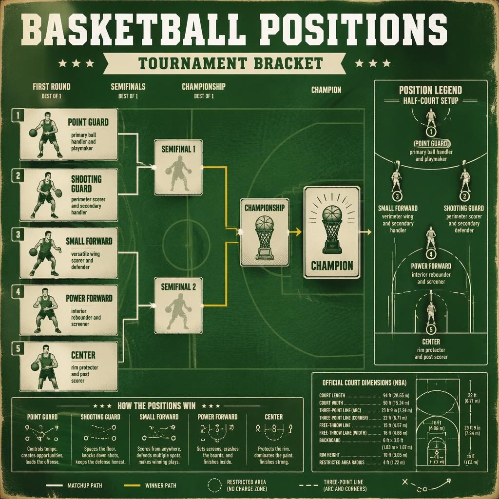 Infographie de bracket à élimination directe des 5 postes du basket sur fond vert, avec terrain, légende latérale et style rétro.