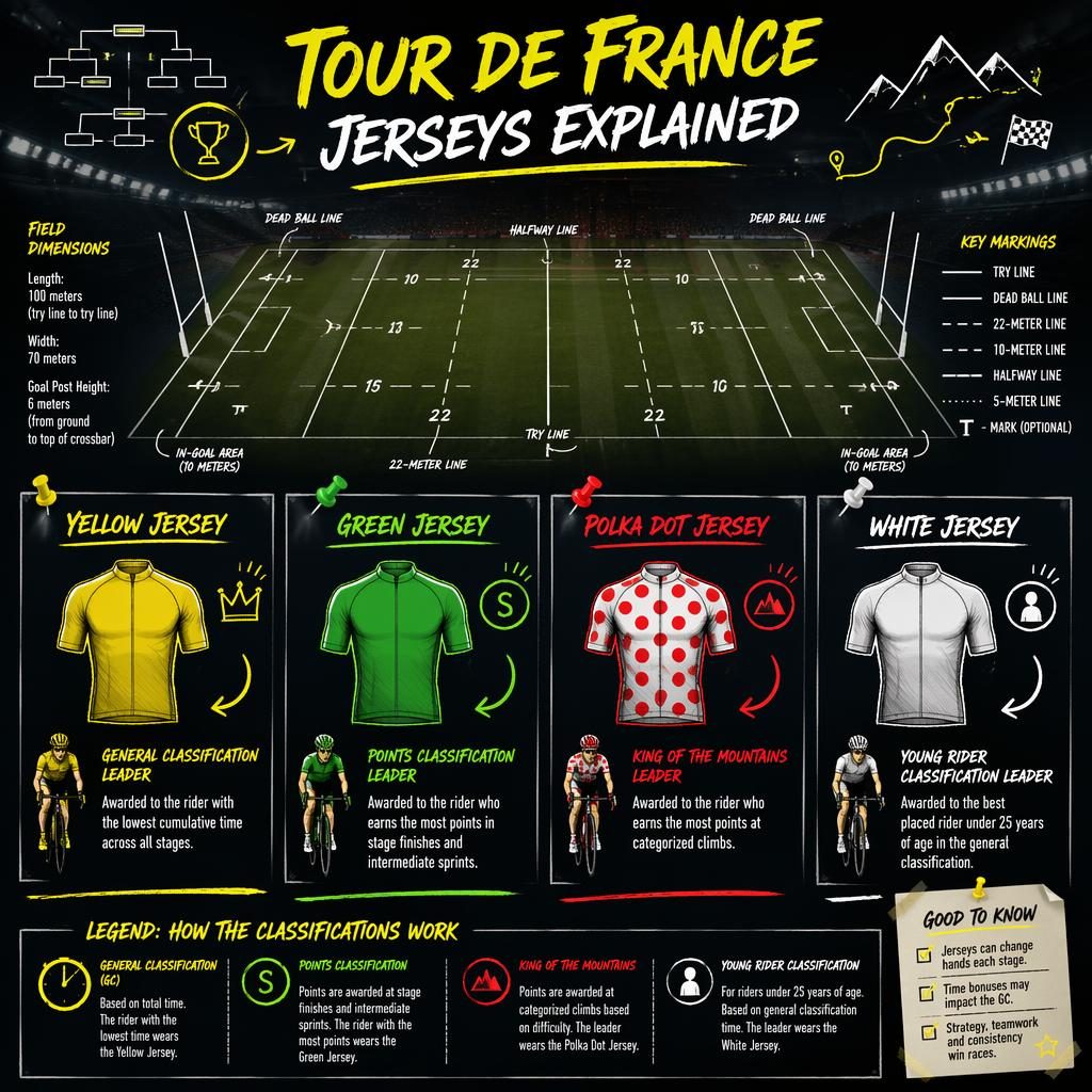 Sketchnote sports infographic with four jersey silhouettes, English labels, player icons, and a scaled rugby field on dark neon background.