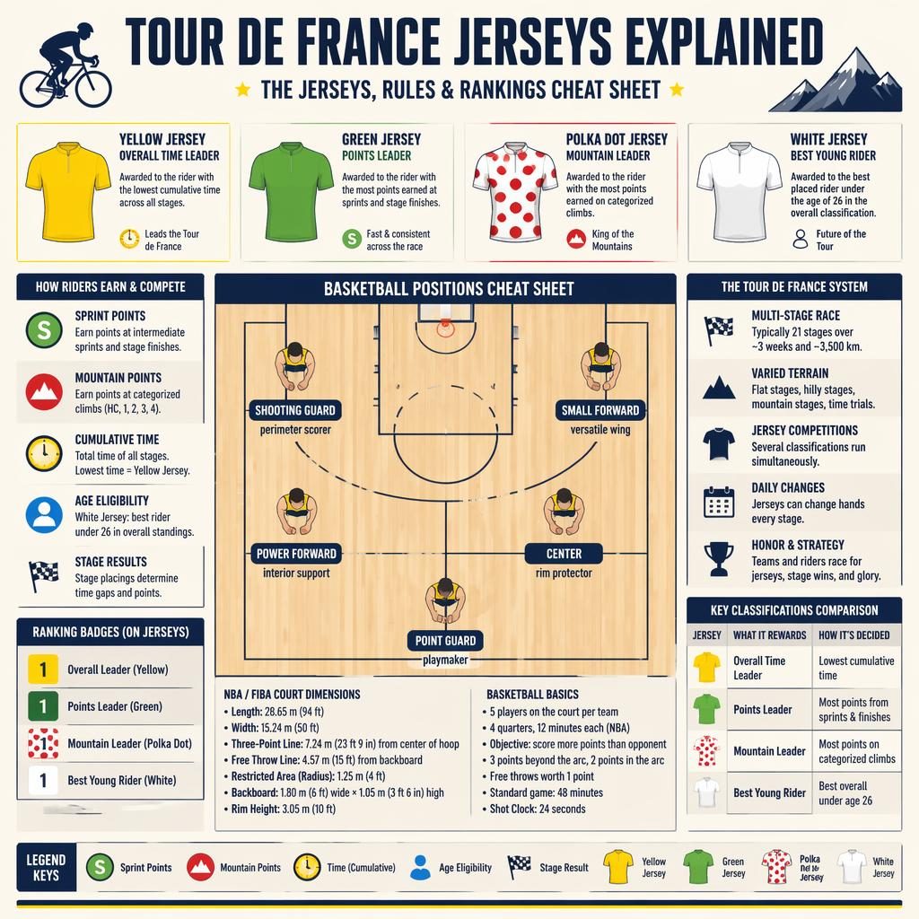 Minimal flat sports infographic with a top-down basketball court, player position icons, and Tour de France jersey cheat-sheet panels.