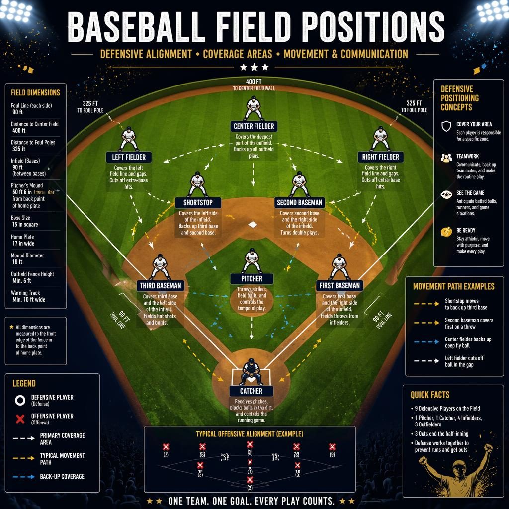 Top-down baseball field infographic with labeled defensive positions, X/O tactics, arrows, legend, and accurate diamond layout.