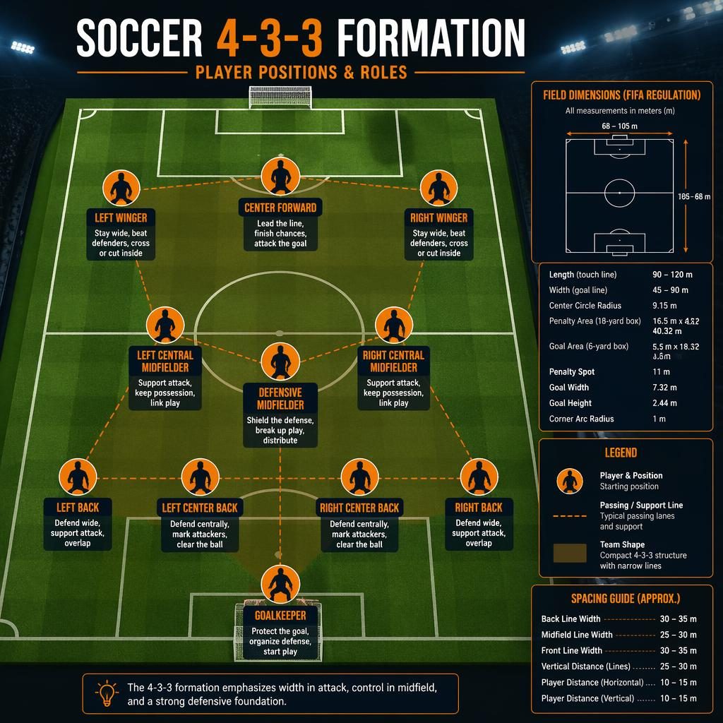 Top-down soccer pitch infographic showing a full 4-3-3 formation with labeled player positions, role captions, and legend.