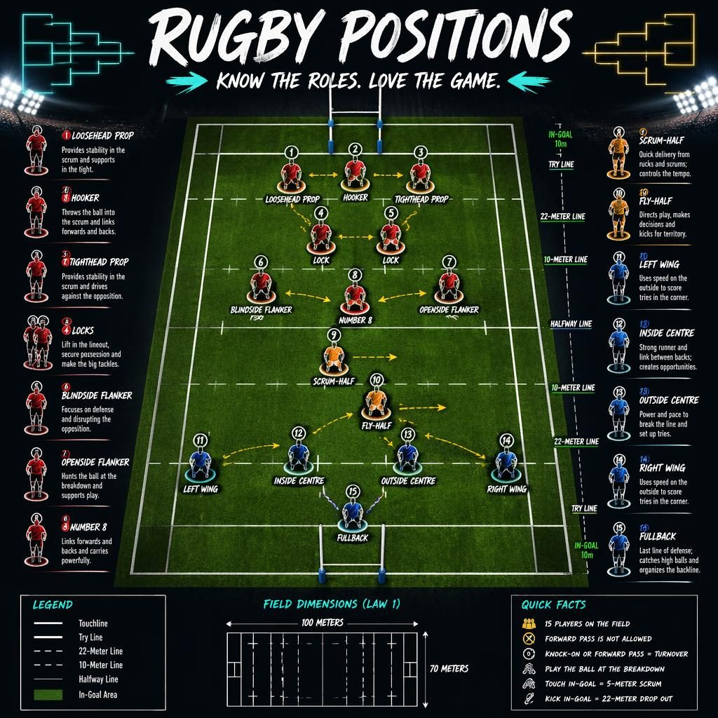 Top-down rugby positions infographic on a dark neon pitch with labeled player roles, field markings, icons, arrows, and legend.
