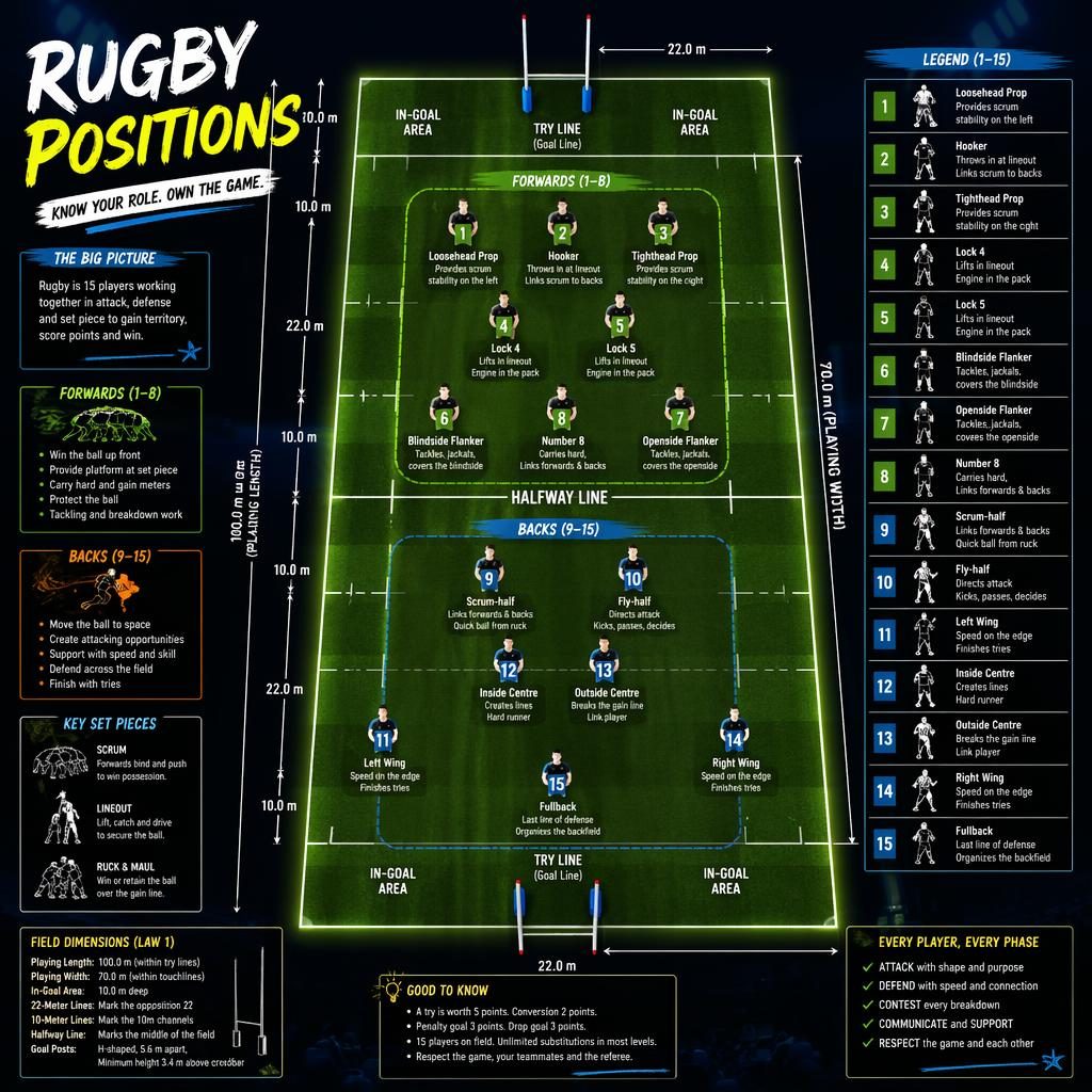 Top-down rugby union positions infographic on a neon stadium pitch with labeled player roles, side panels, and jersey legend.