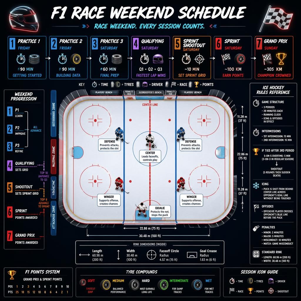 Dark neon sports infographic with a scaled ice hockey rink, player role icons, F1 race weekend timeline, and rules panel.