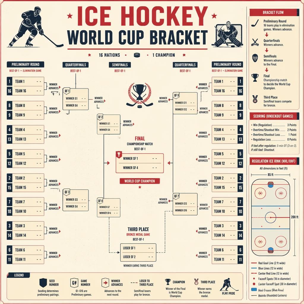 Ice hockey tournament bracket infographic with cream and red layout, rink diagram, semifinal and final paths, and English labels.