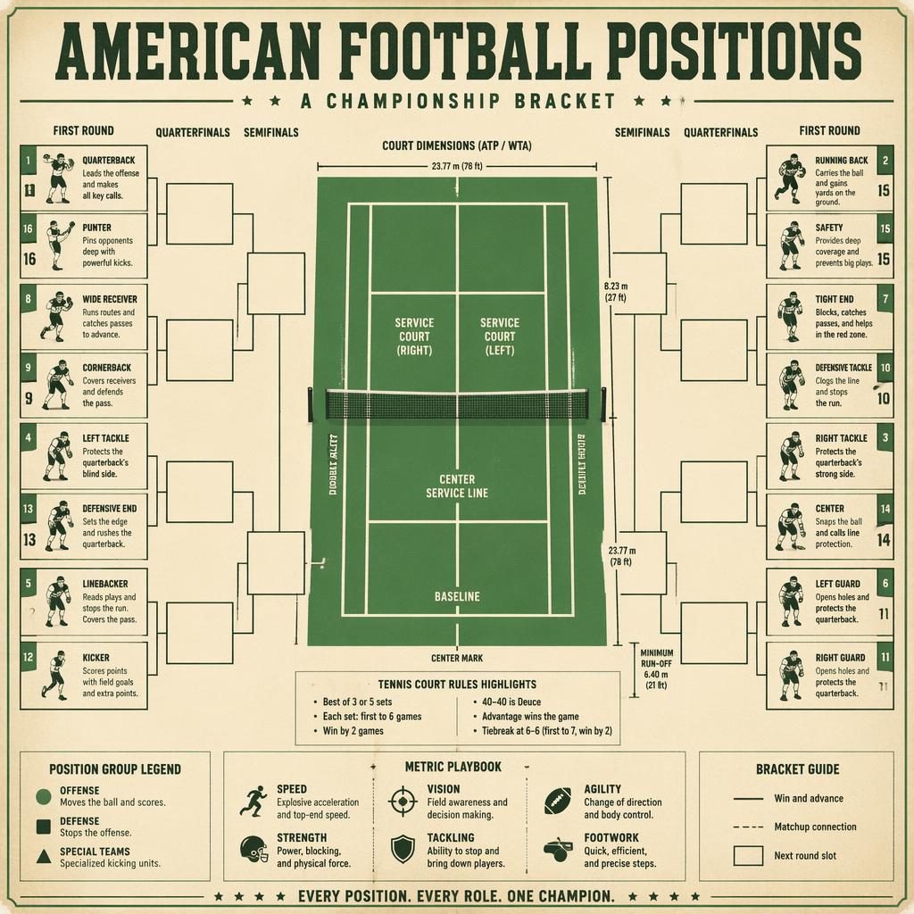 Retro green tennis court infographic with frozen four bracket layout showing American football positions and role captions.