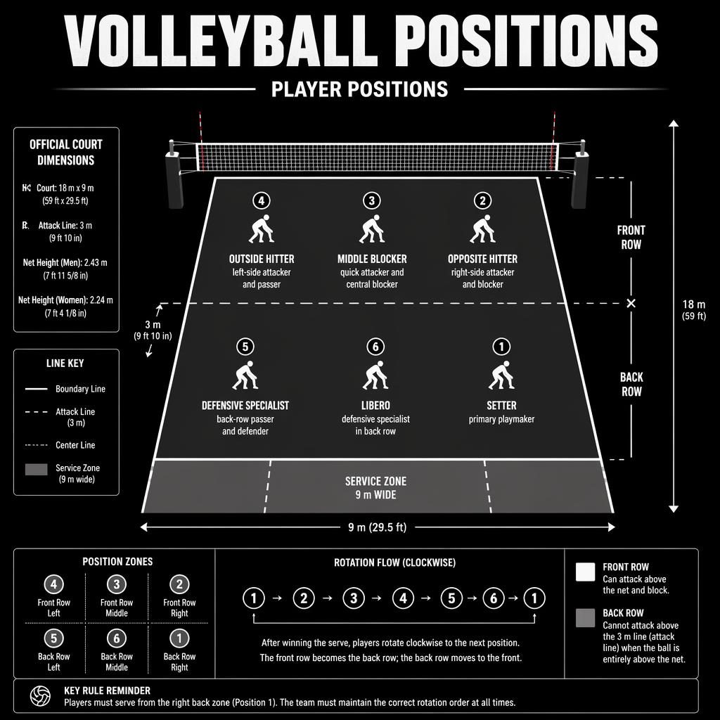 Monochrome volleyball positions infographic with top-down court, 6-player rotation, zone numbers, labels, captions, and legend