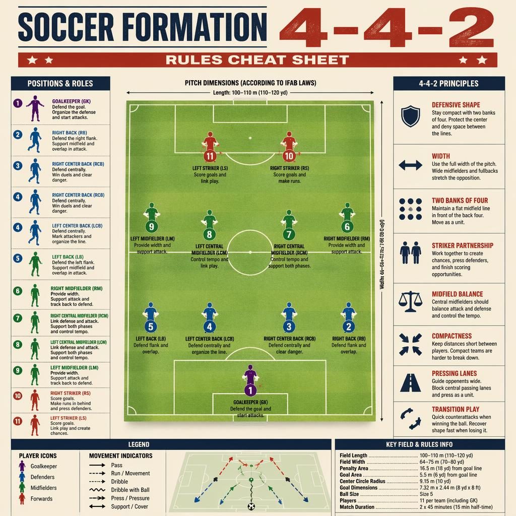 Minimal flat sports infographic of a 4-4-2 soccer formation on a marked pitch with player labels, role captions, legend, and callouts.