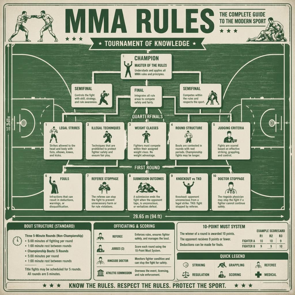 Retro green-and-white MMA rules infographic with basketball court background and tournament bracket layout with seeded nodes.