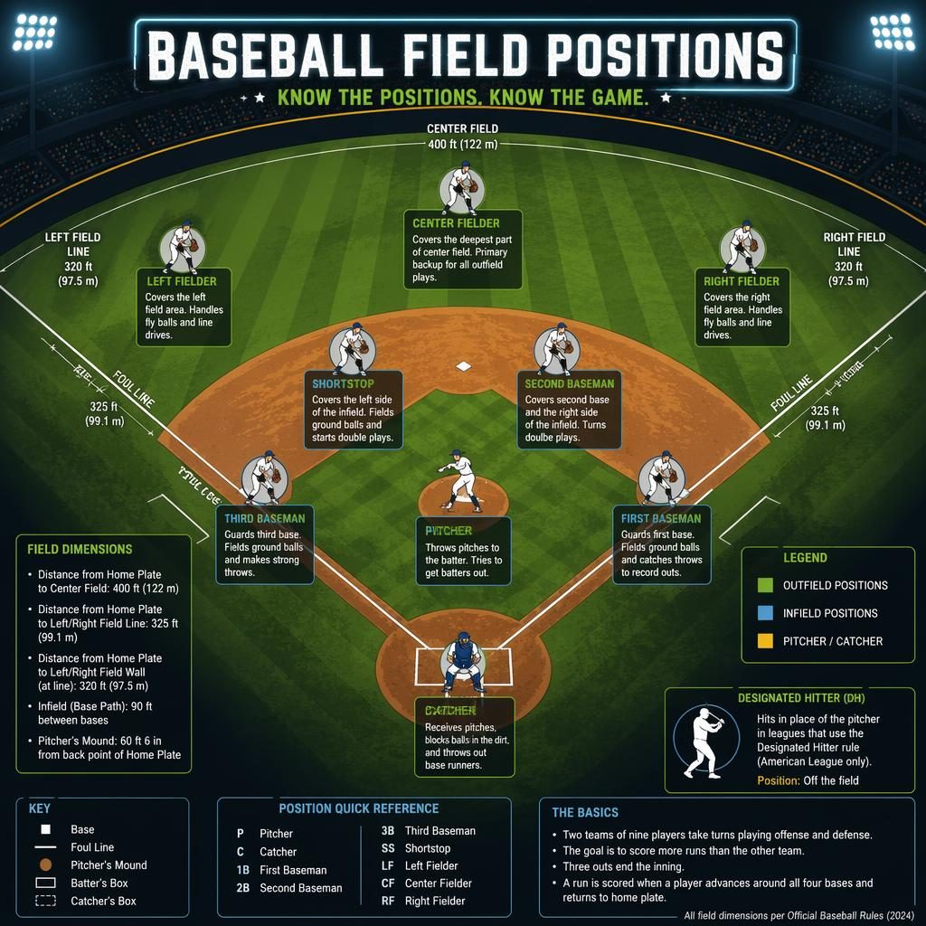 Top-down baseball field infographic with labeled player positions, role captions, legend, and neon sketchnote styling.