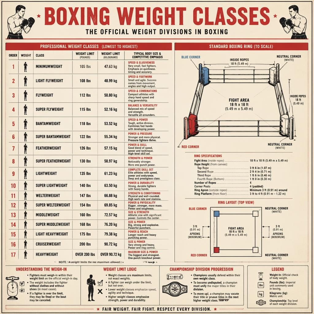 Vintage cream and red boxing weight classes infographic with class chart, boxer icons, legend, and scaled ring diagram.