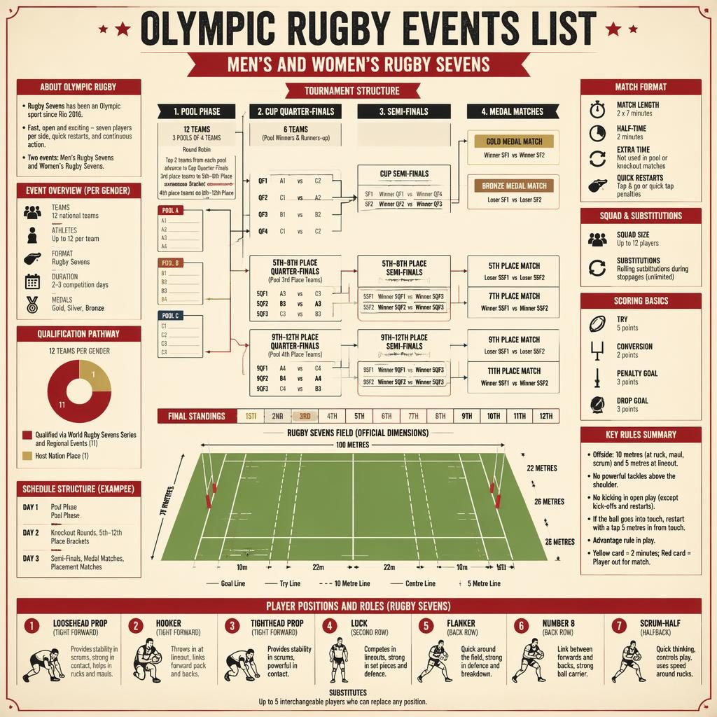 Olympic rugby events infographic with sec tournament bracket, rugby field diagram, player positions, rules panels, and schedule