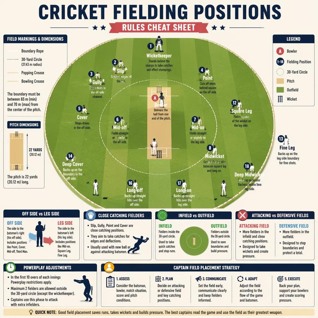 Top-down cricket field infographic with labeled fielding positions, player icons, pitch markings, and cheat-sheet panels.