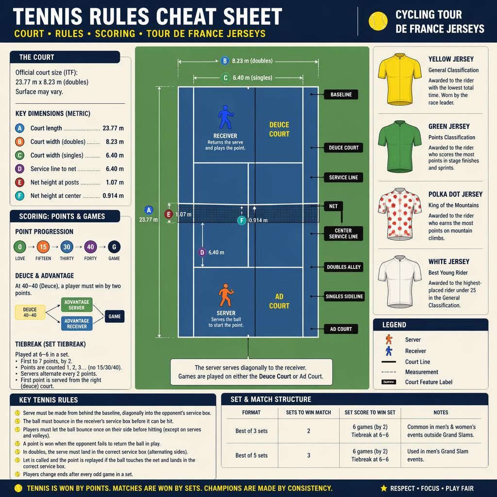 Flat sports infographic of a labeled tennis court with scoring panels and Tour de France jersey icons in retro colors.