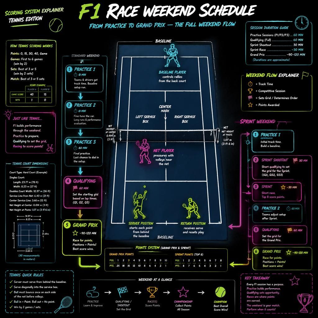 Dark neon tennis-court infographic mapping an F1 race weekend schedule with timeline panels, icons, arrows, and player roles.
