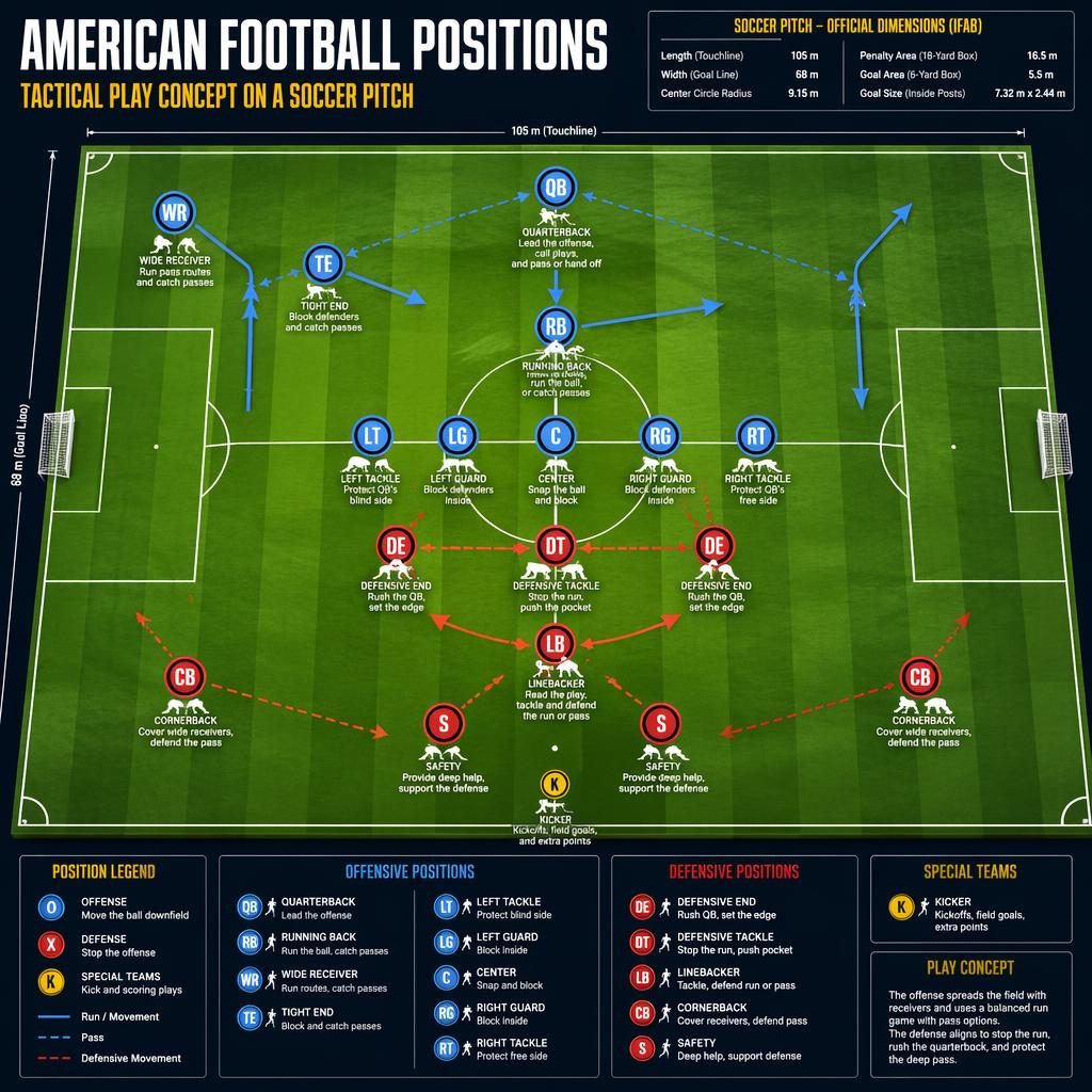 Top-down sports infographic of American football positions as X and O markers on a full soccer field with arrows and labels.