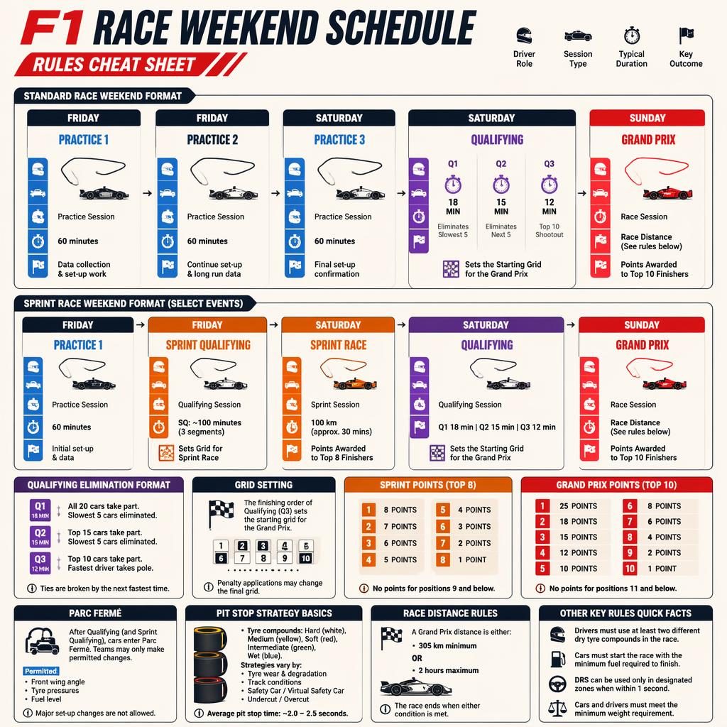 Flat retro sports infographic showing F1 race weekend schedule, sprint format, timeline panels, icons, points, and rules.
