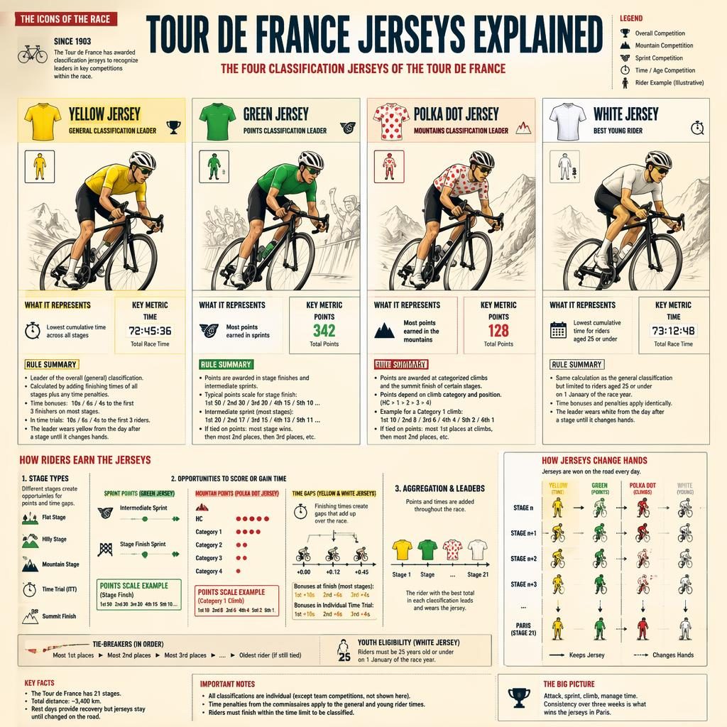 Vintage cream and red cycling infographic showing Tour de France jerseys with four riders, rules panels, icons, and charts.