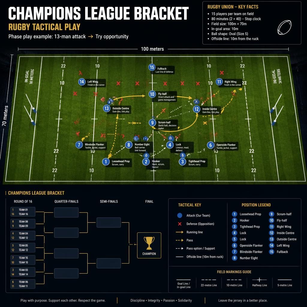 Top-down rugby field infographic with tactical Xs and Os, player position labels, movement arrows, and a side tournament bracket panel.