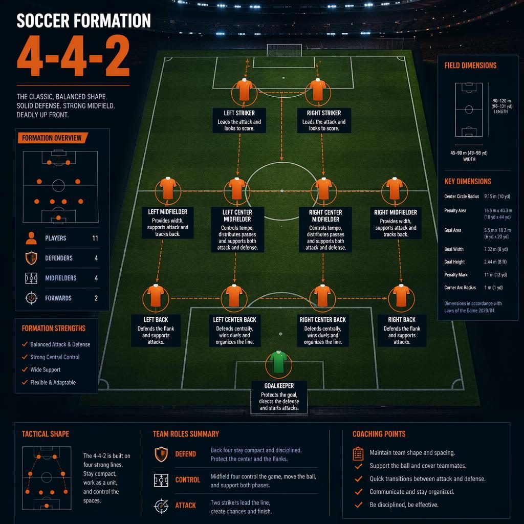 Top-down soccer pitch infographic showing a 4-4-2 formation with 11 labeled player positions in orange and navy.