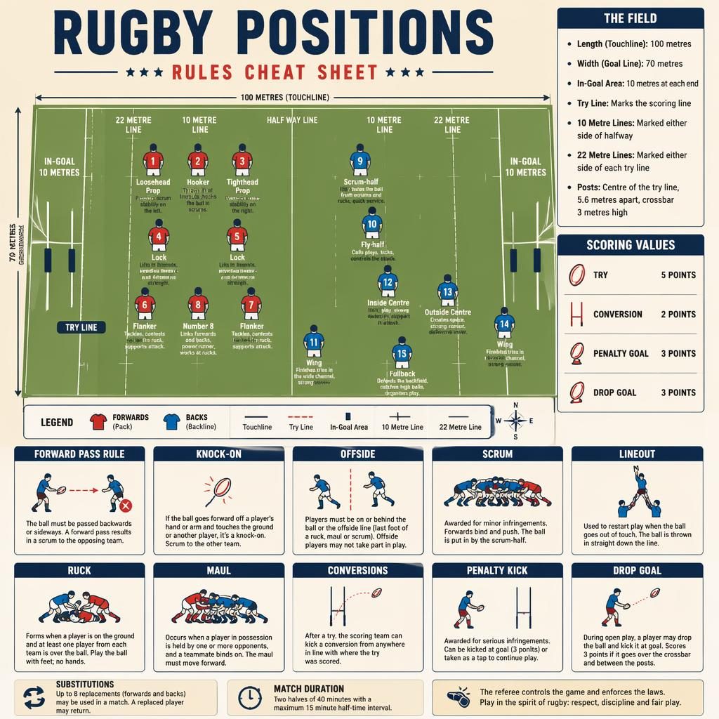 Top-down rugby field infographic with player positions, role captions, rules panels, arrows, and retro flat design.