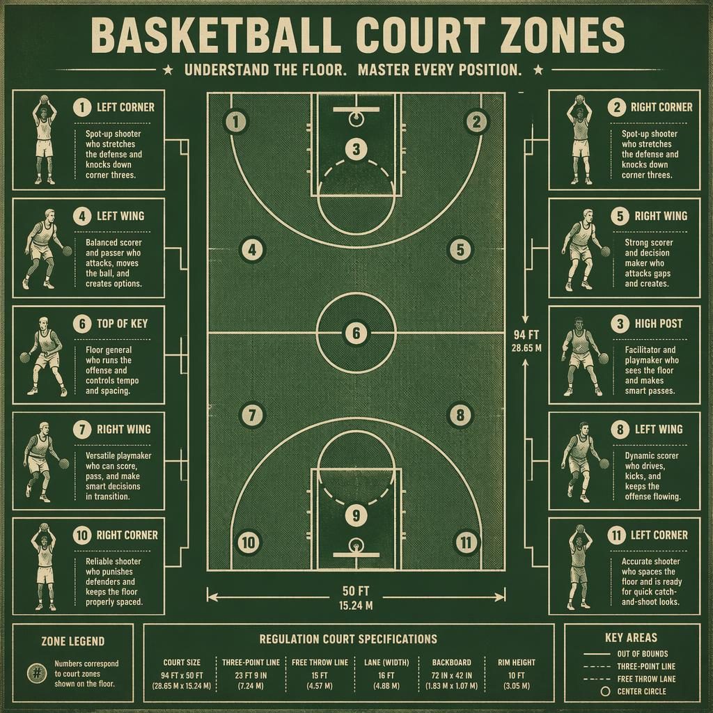 Retro green-and-white sports infographic showing a top-down basketball court with bracket-style zone panels and player icons.