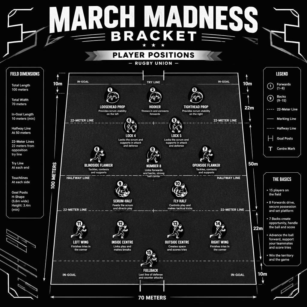 Monochrome rugby field infographic with 15 rugby union position icons, labels, role captions, field markings, legend, and bracket motifs.