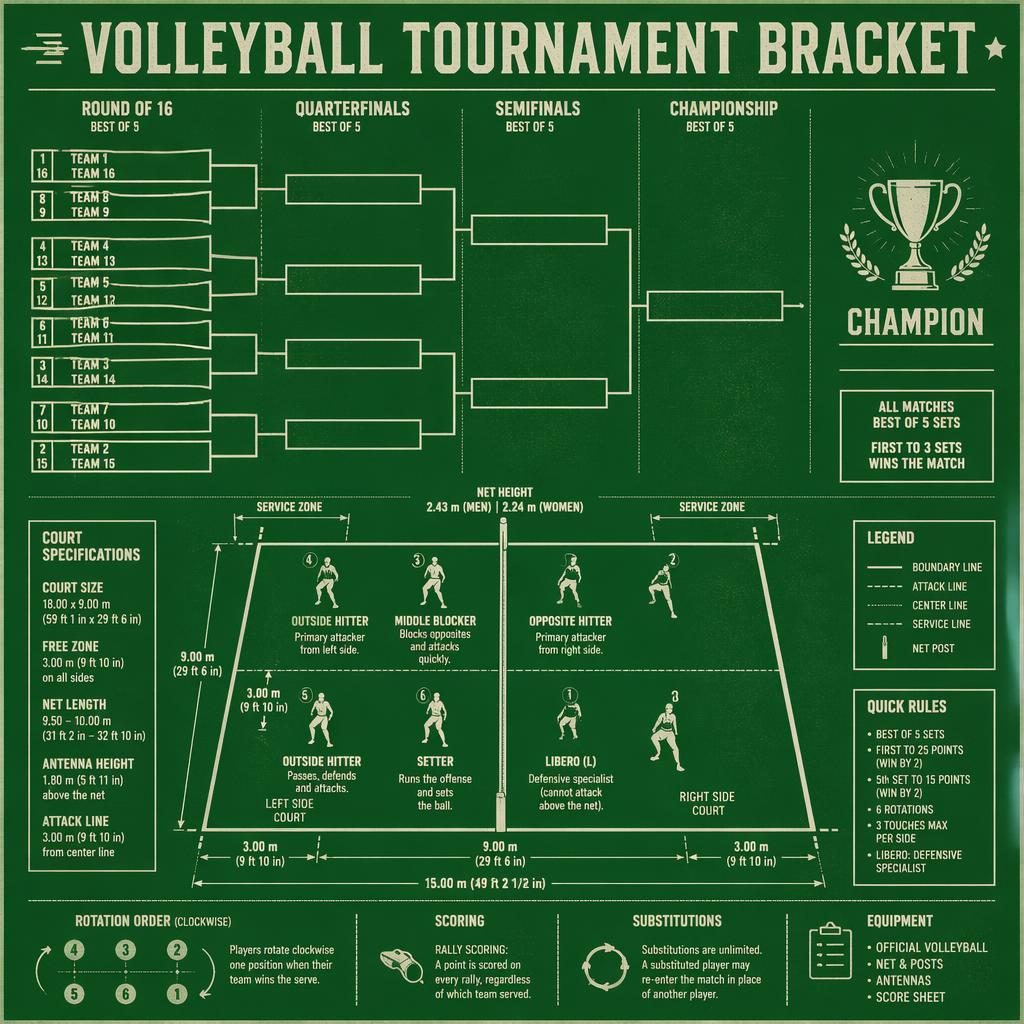 Retro green and white volleyball tournament bracket infographic with court diagram, player positions, role labels, seeds, and legend.