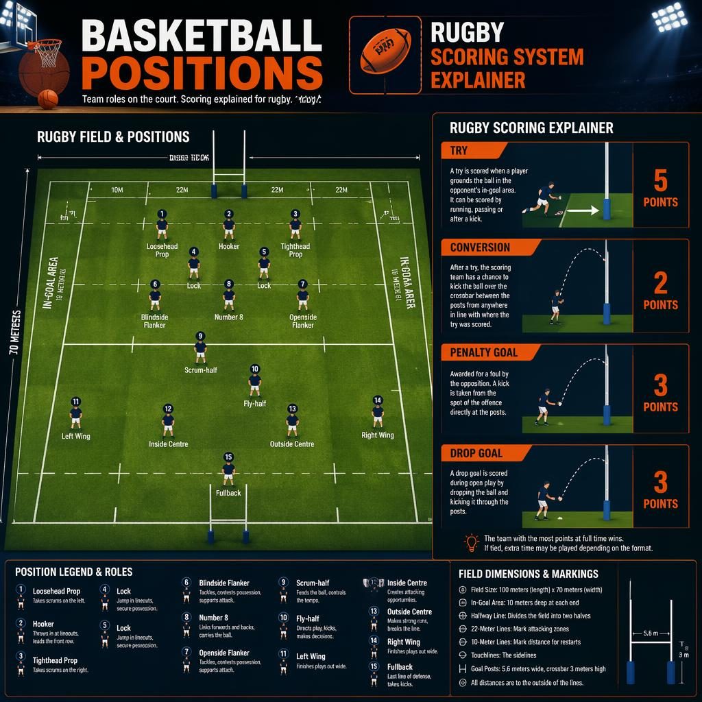 Editorial sports infographic titled Basketball Positions showing a scaled rugby field, player positions, and scoring panels.