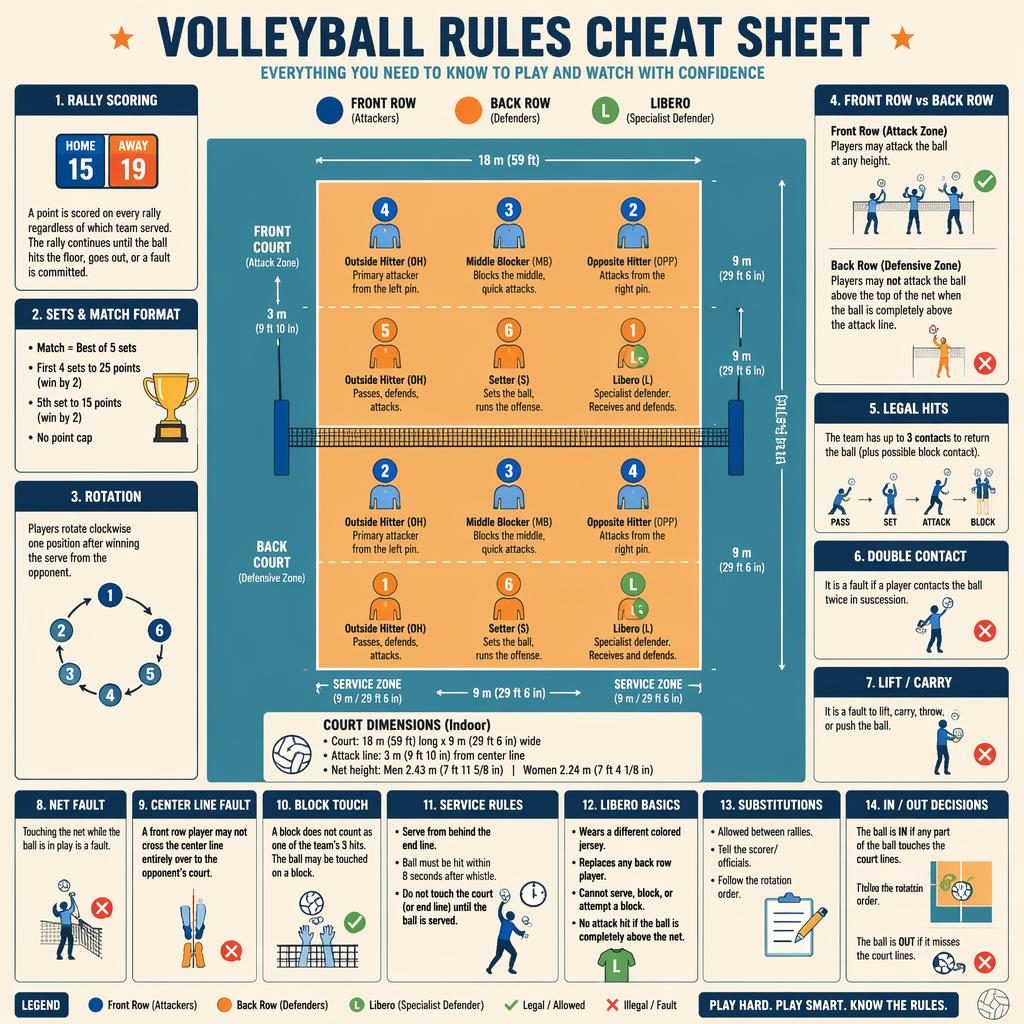 Top-down volleyball court infographic with 6 player positions per side, rule panels, arrows, labels, and retro flat design.
